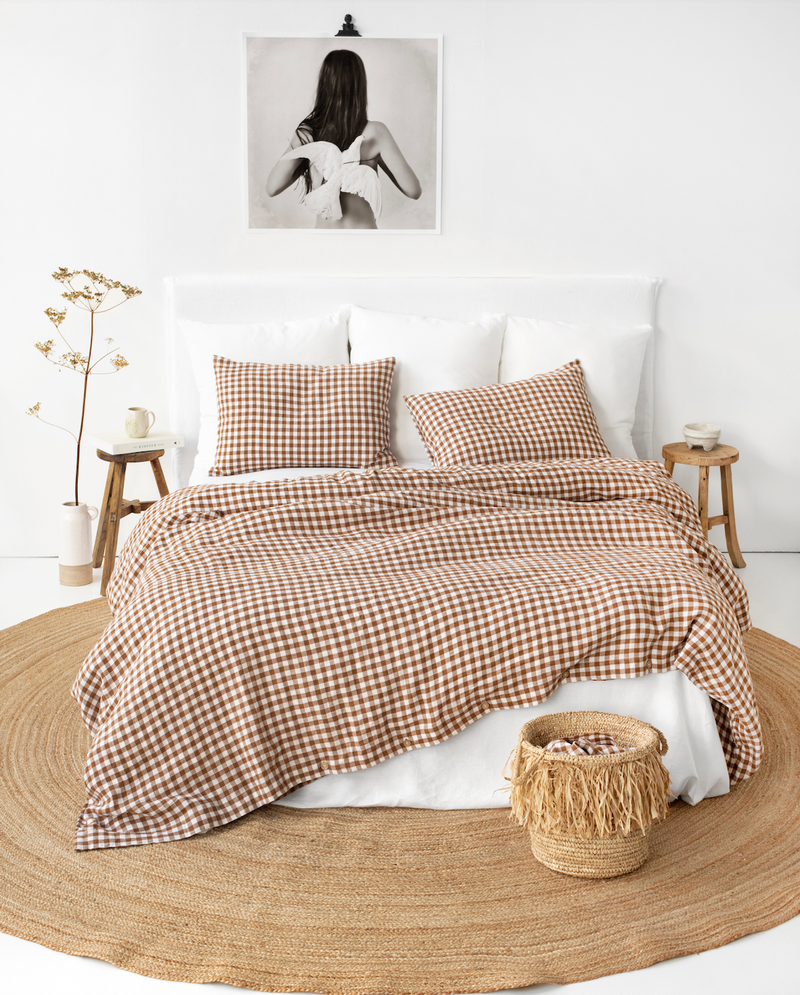 MagicLinen - Linen sheet set in Cinnamon gingham (4 pcs) Bedding set: King (Deep Pocket) + King Pillowcases