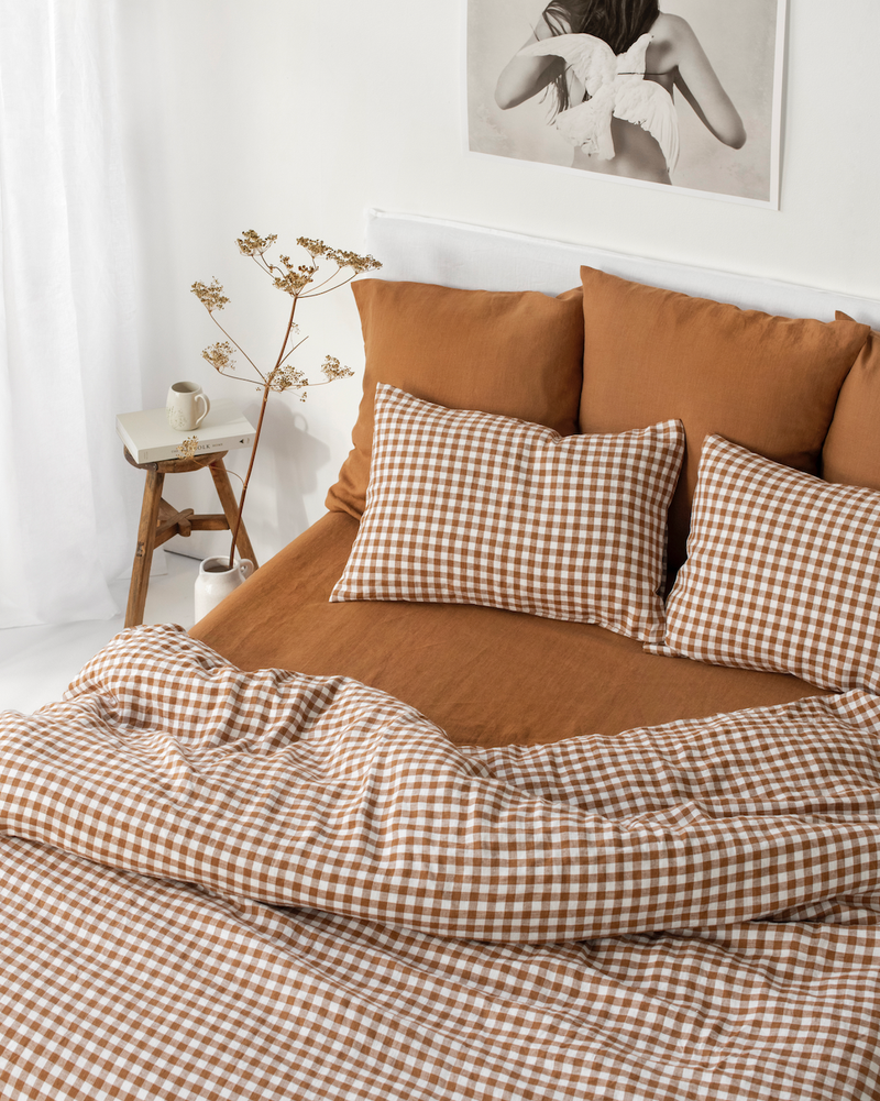 MagicLinen - Linen sheet set in Cinnamon gingham (4 pcs) Bedding set: Queen (Deep Pocket) + Standard Pillowcases