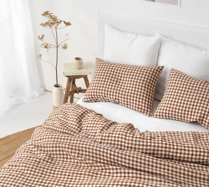MagicLinen - Linen sheet set in Cinnamon gingham (4 pcs) Bedding set: Queen (Deep Pocket) + Standard Pillowcases