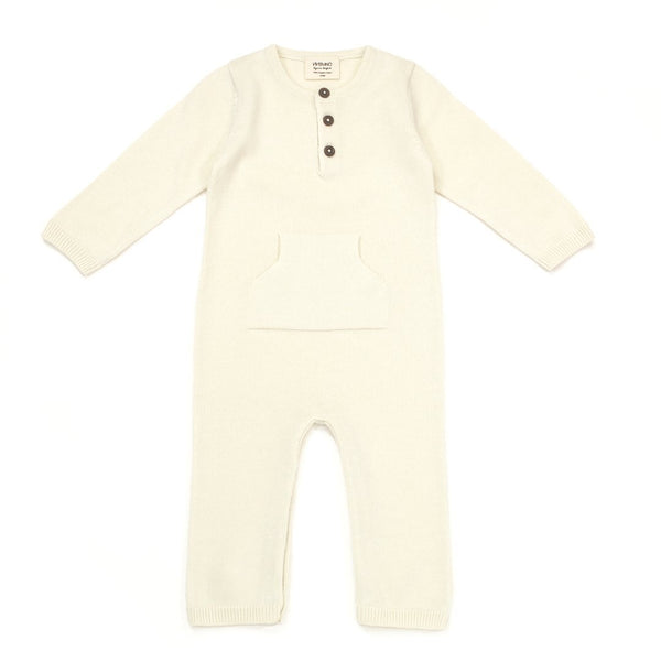 Knit Kangaroo Pocket Coverall Romper - Cream